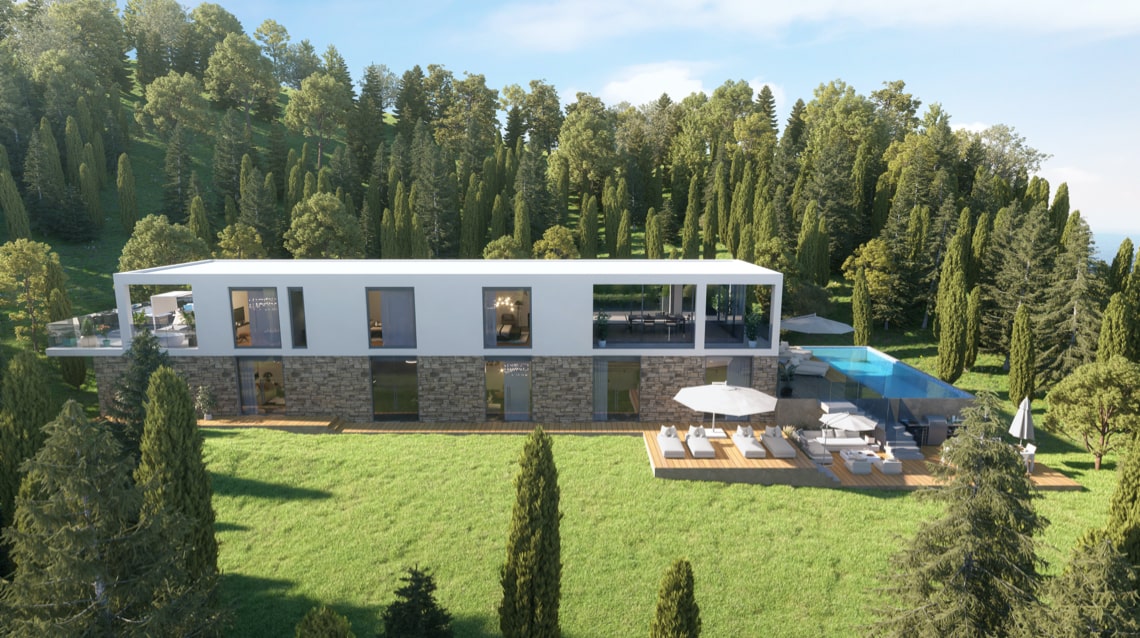 Luxury modern villa surrounded by green grass and trees with a terrace and garden furniture